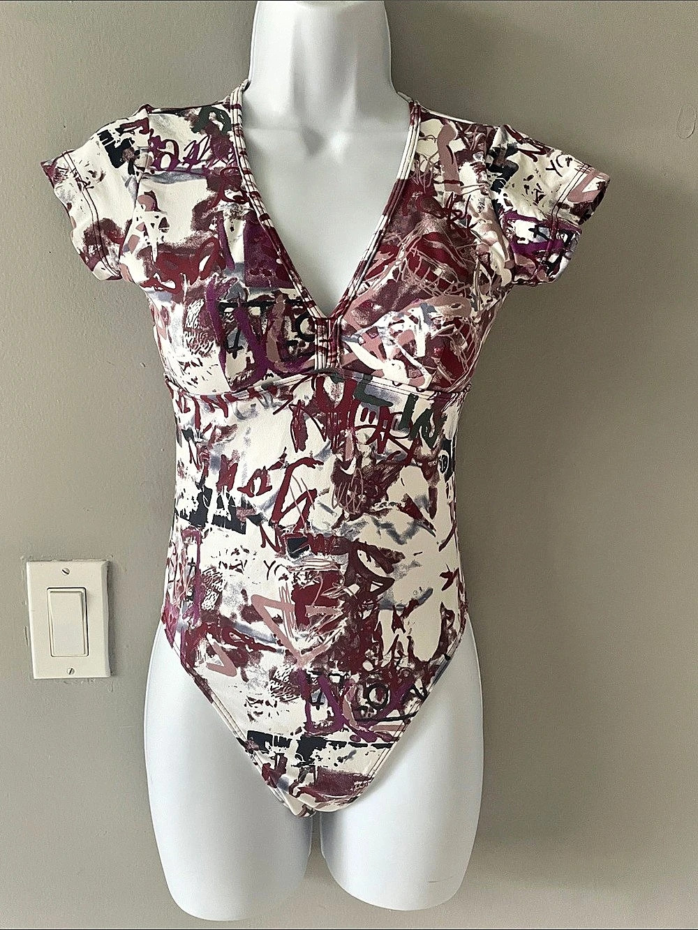 Abstract Print One Piece in White & Purple Like New